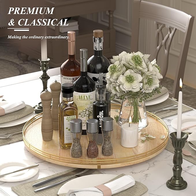 21-Inch Wooden Lazy Susan Turntable – Premium Oak & Iron, Extra Large Rotating Serving Tray for Dining Table, Kitchen Countertop, Farmhouse Décor, Spice Rack, Charcuterie & Entertaining