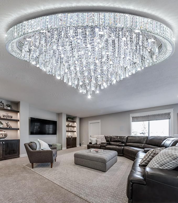 53.7'' Modern Chandeliers LED Dimmable Crystal Flush Mount Ceiling Chandeliers for Living Room High Ceiling Entrance Foyer Lobby Bedroom Silver