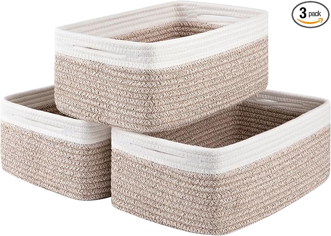 3 Pack Small Storage Baskets for Organizing, Cute Woven Decorative Gift Baskets for Shelves, Mini Closet Organizer Bins with Handles, 11.81''Lx7.87''Wx4.72''H-Brown and White