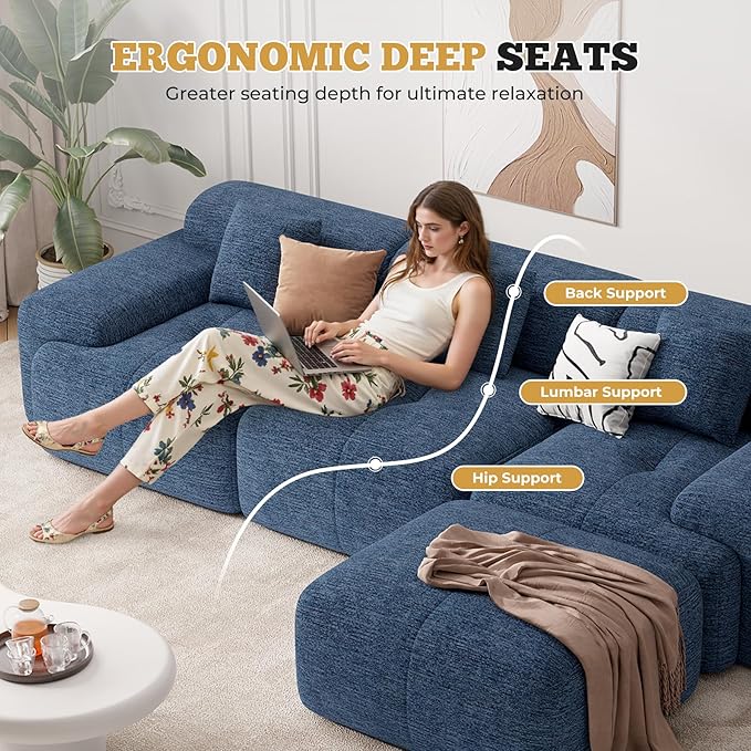 122" Modern L Shaped Modular Sectional Sofa, Boneless Couches for Living Room with Ottoman,4 Seater Convertible Chenille Cloud Couch Sofa Set, No Assembly Required, Blue 1 PCS