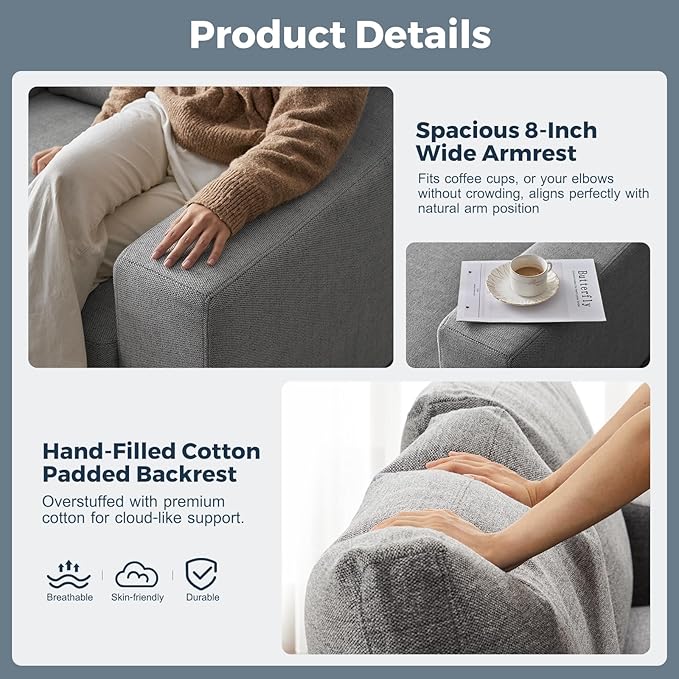 112" Convertible Sectional Sofa, Large L Shaped Couch with Detachable Sofa Cover, Modular Couch for Living Room, Breathable Linen Fabric Corner Sofa for Apartment, Grey