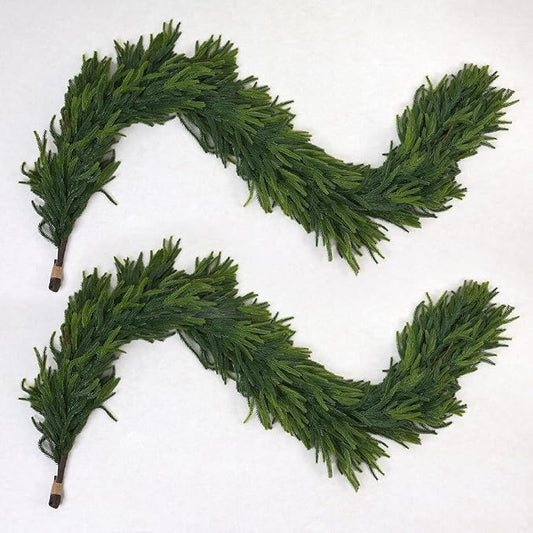 6FT Artificial Norfolk Pine Garland 2 Pack – Dense Green Christmas Garland, Real Touch Holiday Greenery for Front Door, Fireplace Mantel, Staircase, Indoor Outdoor Home Decoration
