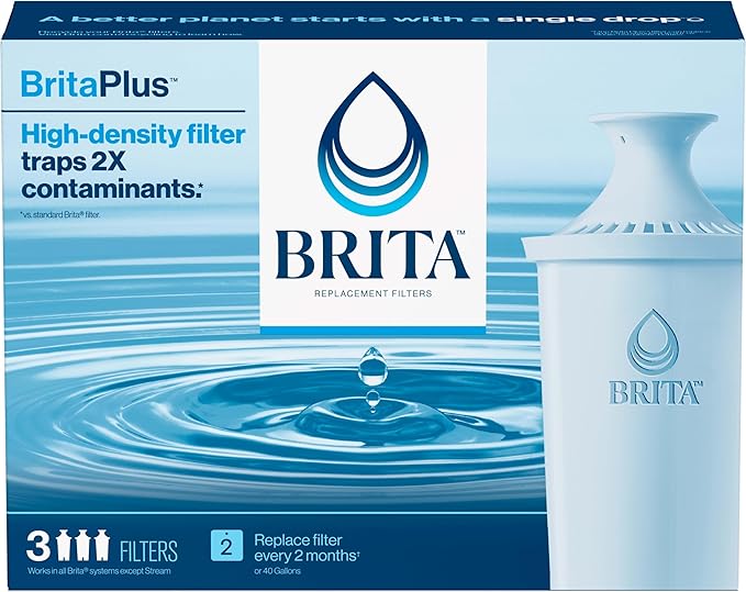 Brita Plus Water Filter, BPA-Free, High-Density Replacement Filter for Pitchers and Dispensers, Reduces 2x Contaminants*, Lasts Two Months or 40 Gallons, Includes 3 Filters