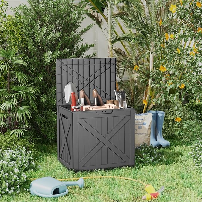 32 Gallon Deck Box Large Outdoor Storage for Patio Furniture,Outdoor Cushions,Garden Tools and Pool Supplies,Waterproof,Resin,Lockable(Black)