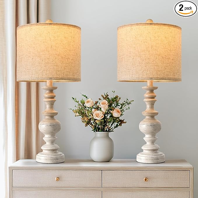 BOBOMOMO 24" Farmhouse Resin Table Lamp Set of 2, Vintage Lamps for Living Room Bedroom with Linen Shades, Traditional Rustic Bedside Lamps Retro Table Lamps for Living Room, Bedroom, Office