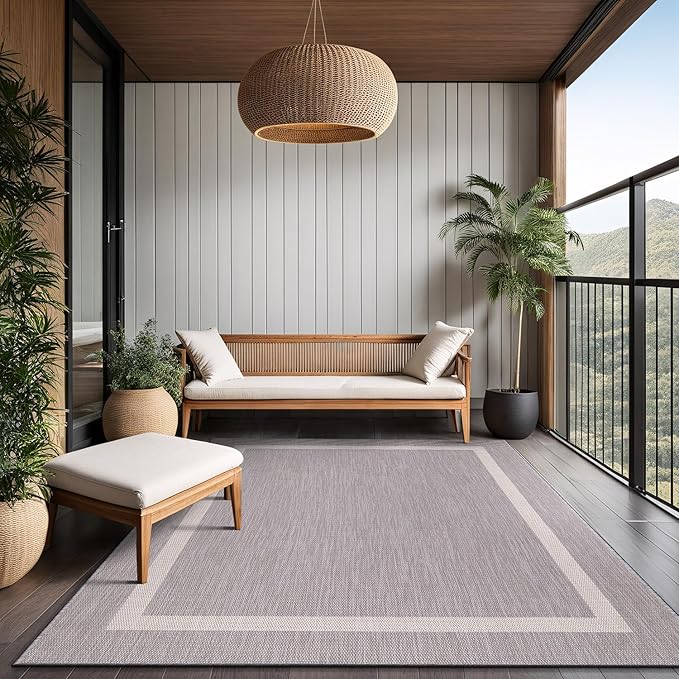 Bordered Outdoor Rug 6x9 Washable Outside Carpet for Indoor Patio Porch Waterproof Easy Cleaning Non Shedding Area Rugs Gray 6 x 9