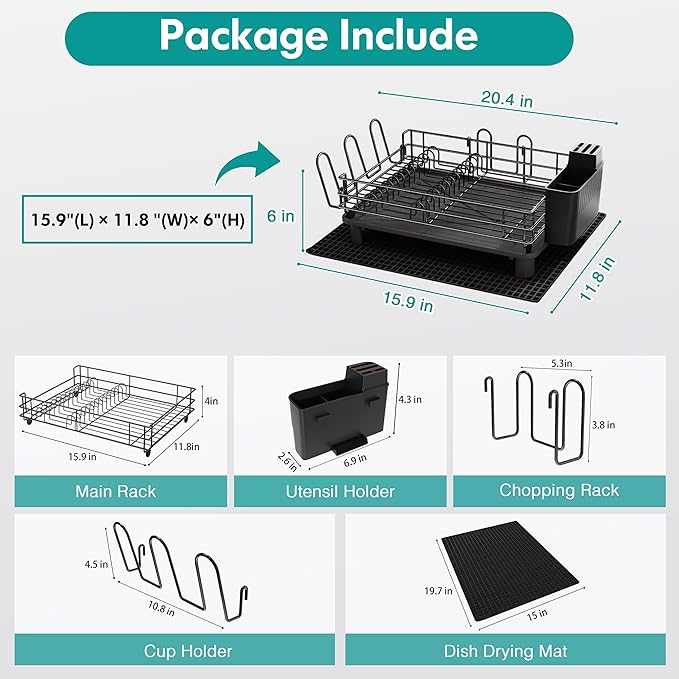 Black Stainless Steel Dish Drainers Drying Rack for Kitchen Counter with Drainboard Set, Rust Proof Metal, Space Saving, Modern Aesthetic, Compact Plates Strainers with Extra Mat