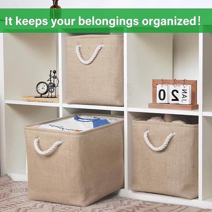 Bidtakay Fabric Storage Baskets for Shelves 3 Pack Large Storage Bins for Organizing Linen Collapsible Organizer for Closet-Flaxen