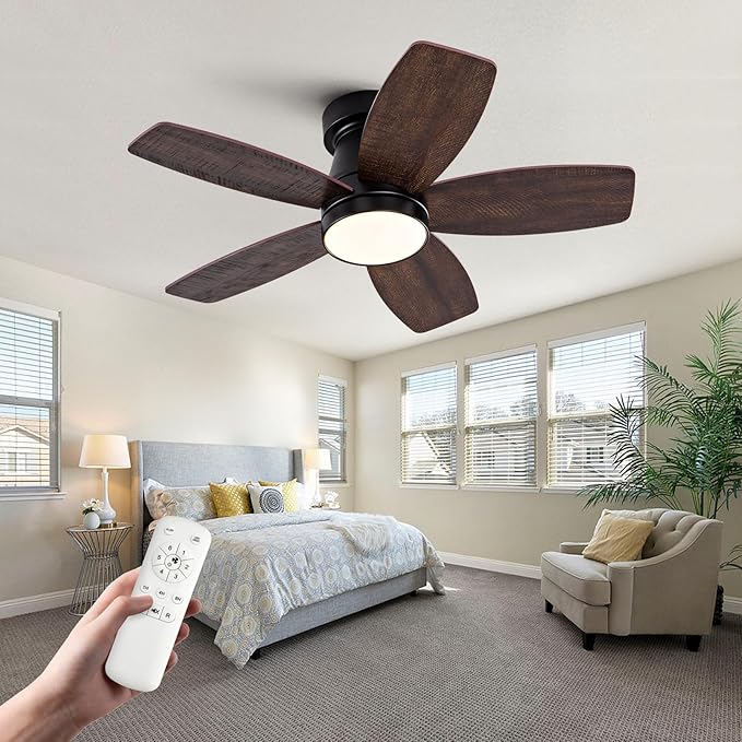 30 inch Ceiling Fans with Lights and Remote,Flush Mount Black Ceiling Fan,Memory Fuction Reversible Quiet DC Motor Low Profile Ceiling Fans For Living Room Bedroom Indoor Outdoor(Black Walnut)