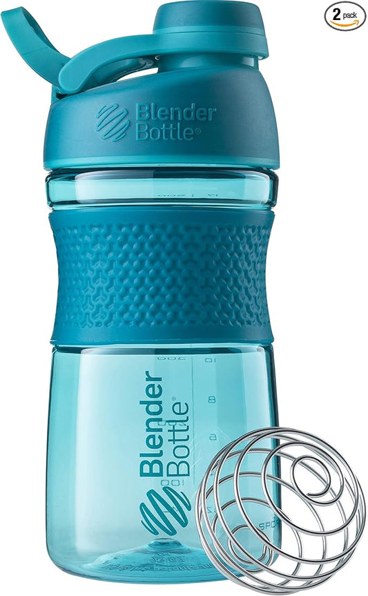 BlenderBottle 20oz SportMixer Protein Shaker Bottles, Black & Teal, Bundle of 2
