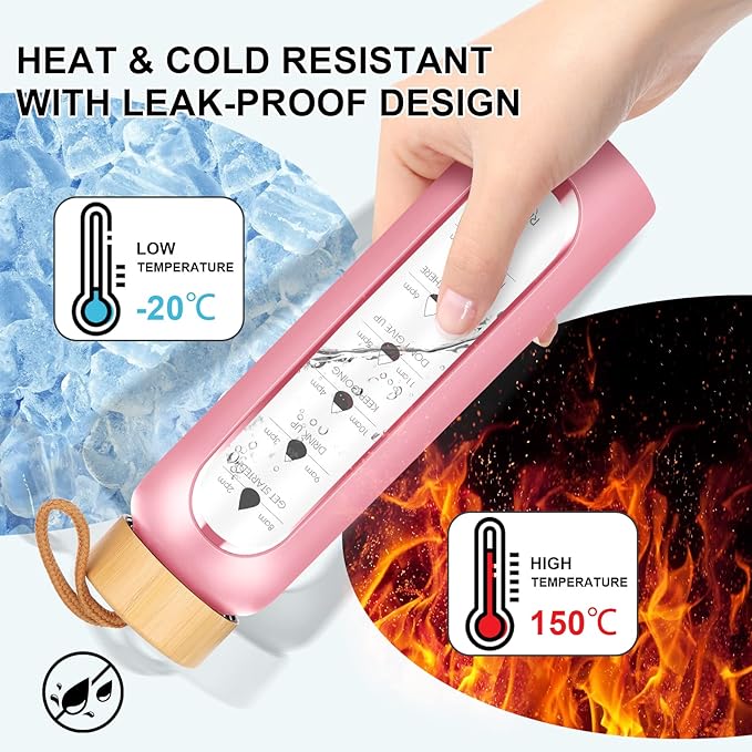 32 Oz Borosilicate Glass Water Bottle with Times to Drink | BPA Free - Reusable Wide Mouth Glass Motivational Water Bottles with Infuser & Silicone Sleeve (pink)