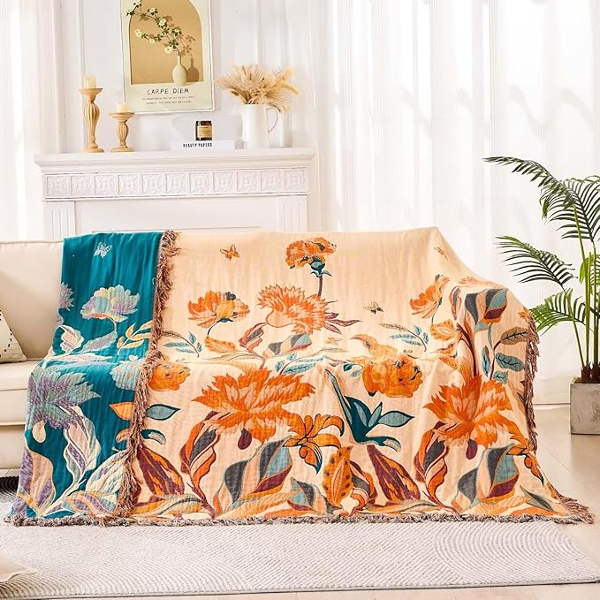 Boho Throw Blanket for Bed, 100% Cotton Soft Rustic Quilt Fall Blanket, 60"x80" Floral Printed Farmhouse Decor Bed Blankets, All Season Rustic Reversible Bohemian Throw Quilt