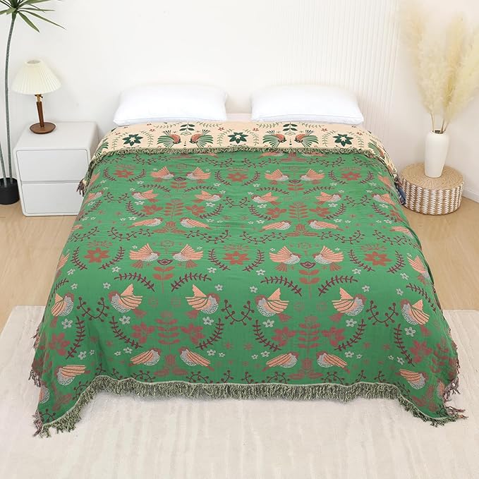 Boho Throw Blanket for Bed, 100% Pure Cotton Ultra Soft Rustic Quilt, Farmhouse Decor Bed Blankets, All Season Rustic Throw for Sofa Couch Chair(80''x 90'', Bird B)