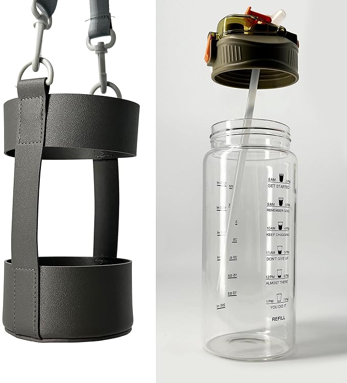 48oz Borosilicate Glass Water Bottle with Straw and Time Marker, Large Sport Water Jug with Adjustable Strap for Men Women (Green)