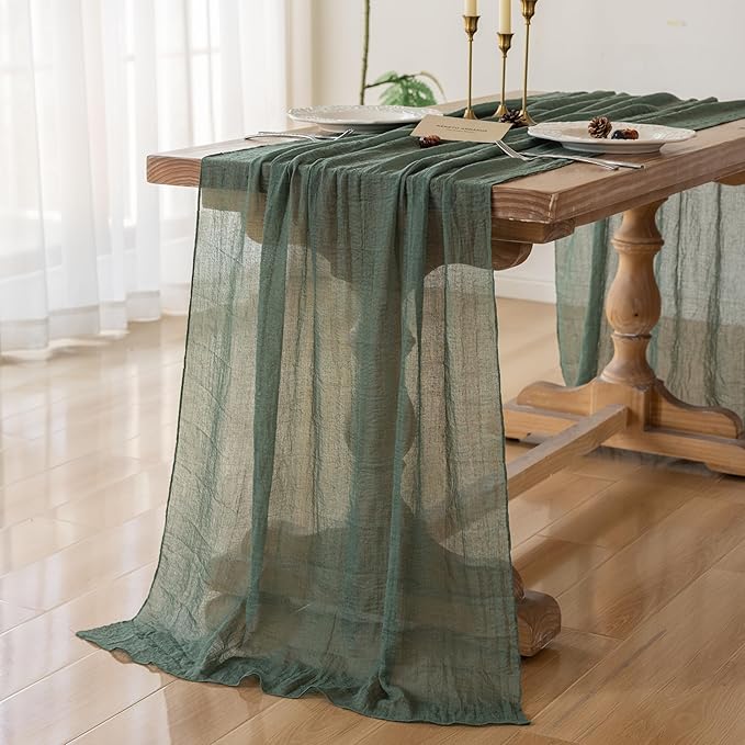 3Pcs Forest Green Gauze Rustic Cheesecloth Table Runner 120 Inch 10 FT for Wedding Baby Shower Bridal Shower Birthday Engagement Garden Outdoor Party Long Sheer Boho Decorations