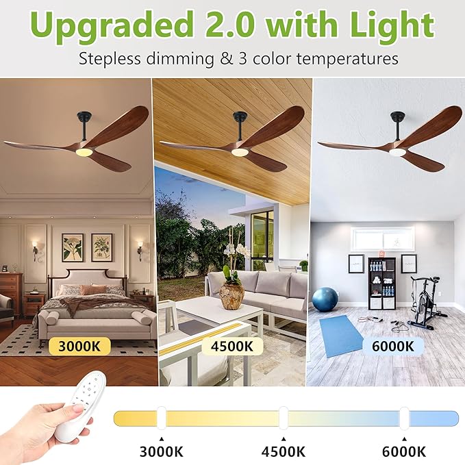 72 Inch Ceiling Fans with Lights, Solid Wood Propeller Large Ceiling Fans with Lights and Remote Control Modern Outdoor Ceiling Fan for Patios Gazebo Farmhouse Indoor High cfm ETL, Dark Walnut