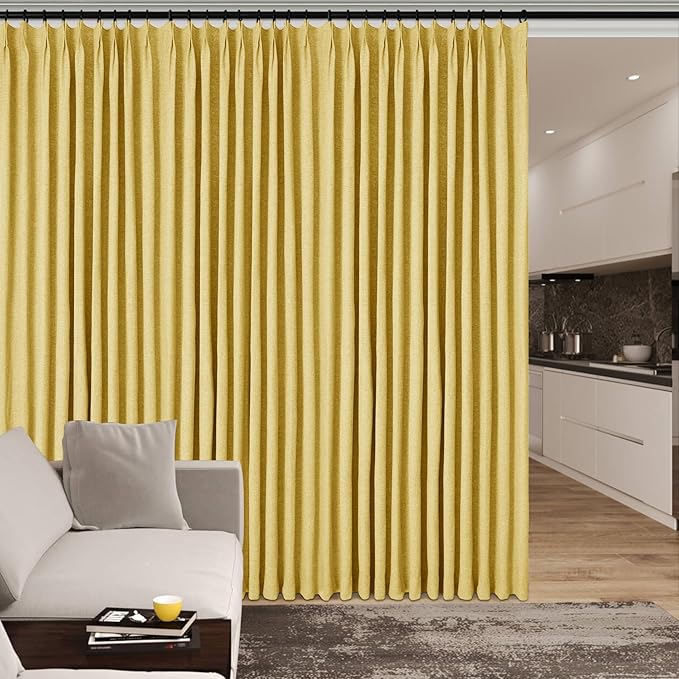 150 Inches Extra Wide Room Divider Draperies, Pinch Pleat Drapes, Absolutely Blackout Sliding Door Drapery, Total Privacy Ceiling Track Curtains, 150" W by 102" L, Yellow (1 Panel)