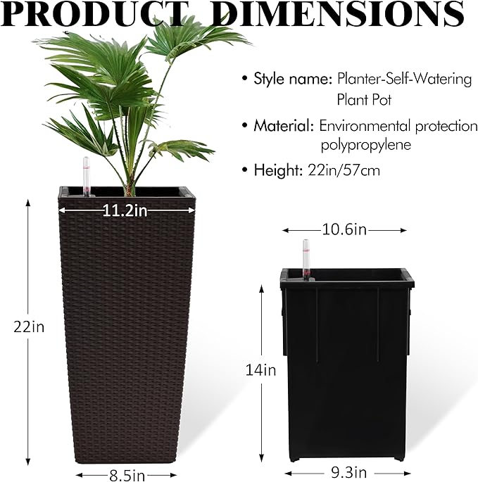 2Pcs 23in High Large Plant Pots Planter-Self-Watering,Modern Planter with Drain Holes,Water Level Monitor,Inner Bucket for Indoor/Outdoor Front Porch Patio,Brown Rattan