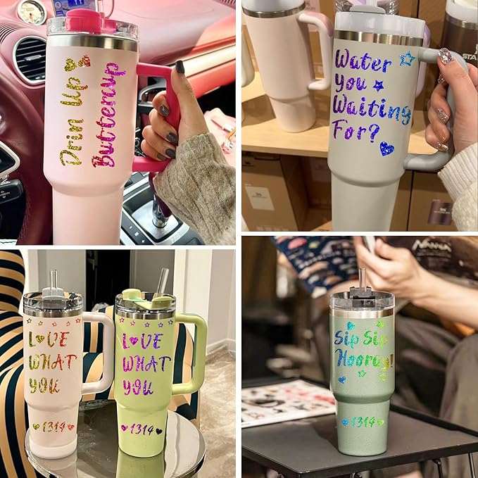 4 Pack Personalized Letters Tags Stickers for Stanley Cups, Self Adhesive Waterproof Vinyl Alphabet Number Sticker, Shiny Logo Decor for Tumbler Adults Kids Laptop Sign Desk Classroom