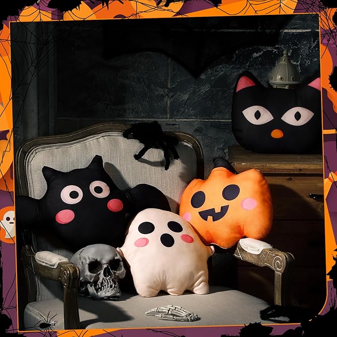 4 Pcs Halloween Plush Pillow Cat Pumpkin Bat Ghost Shaped Plush Pillow Halloween Cushion Creative Holiday Pillow Case Farmhouse Decor for Sofa Bed Couch Halloween Holiday Party Gift