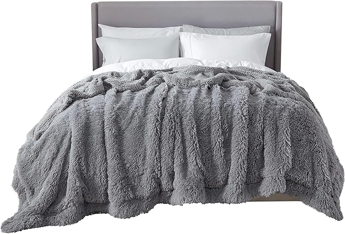 Bedsure GentleSoft Fluffy Grey Blankets Queen Size for Bed, Thick Sherpa Faux Fur Fleece Fuzzy Plush Winter Warm Heavy Soft Queen Blankets, Bedroom Decor Grey Gifts Cozy Gifts for Women Men, 90x90