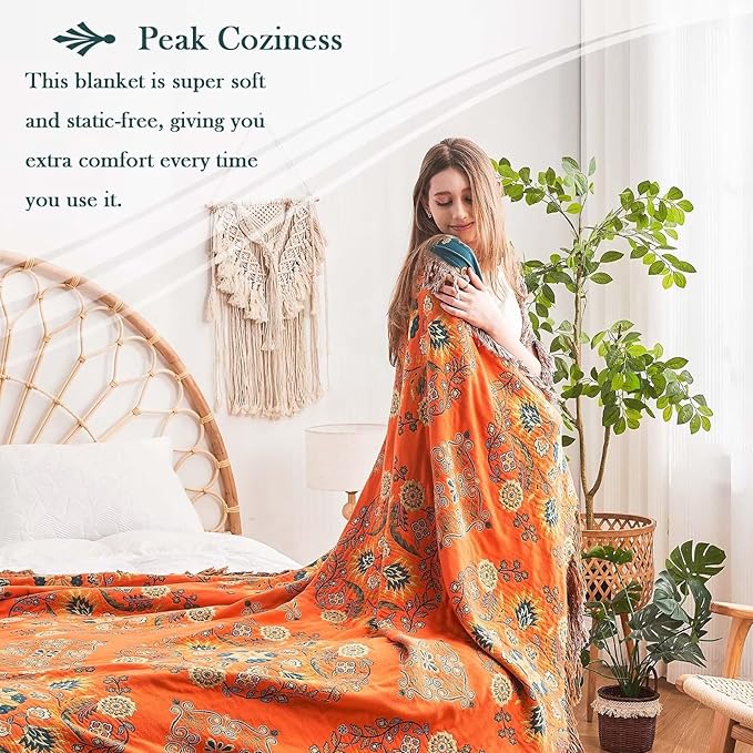 Boho Throw Blanket, 100% Cotton Ultra Soft Luxury Throw Rustic Quilt, 60"x80" Floral Printed Farmhouse Decor Bed Summer Blankets, All Season Rustic Reversible Bohemian Throw for Bed - Orange