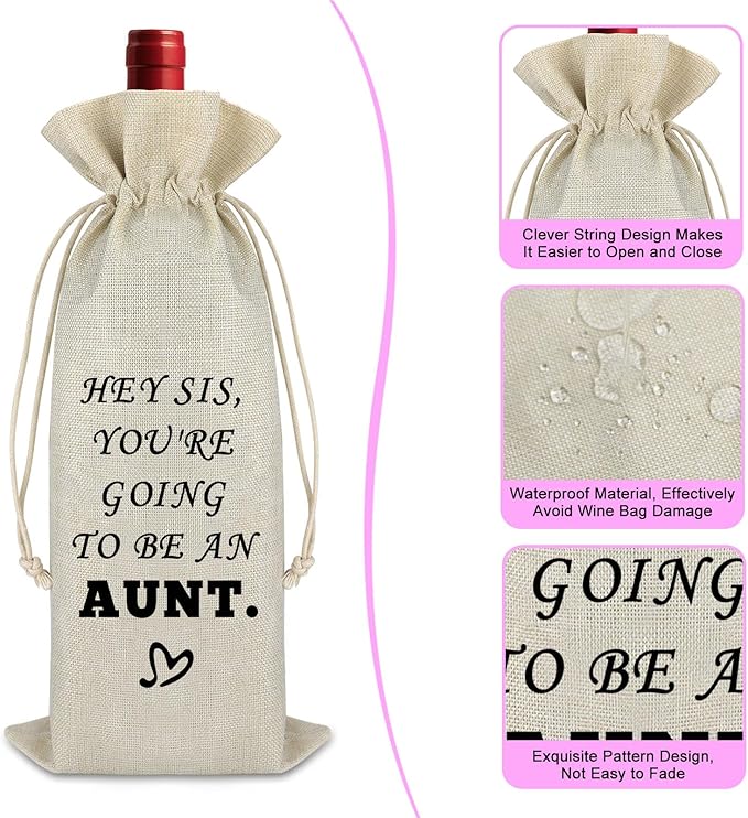 Baby Announcement Gift Aunt Gift for Sister Wine Bag Promoted to Aunt Gift for Women Pregnancy Announcement Gift for Aunt to be Cousins Siblings Cotton Burlap Wine Wrap Bag New Auntie Gift Christmas