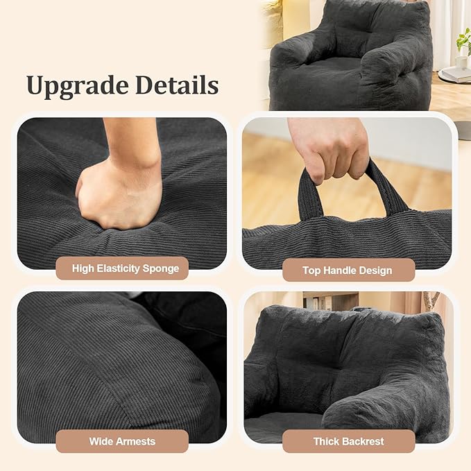 Bean Bag Chairs for Adults Ergonomic Support Reading Floor Sofa Chair with Filler Spacious (Grey) (Standard)