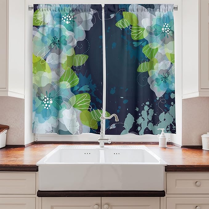 Ambesonne Navy Long Kitchen Curtains, Sketchy Abstract Blossoms Flowers with Leaves on Grunge Backdrop, Two Panels Drapes with Rod Pocket Room Decor, 55" x 45", Green Navy