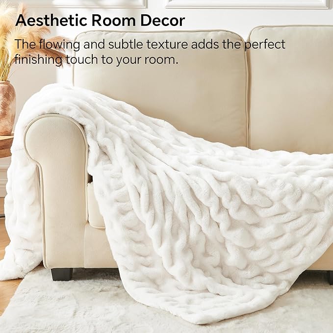 BEDELITE Faux Fur Throw Blanket for Couch, Soft and Cozy Boho Ruched Fluffy Blanket, Warm Plush Fuzzy Faux Rabbit Fur Blanket for Women Gift (Cream, 60"x 80")