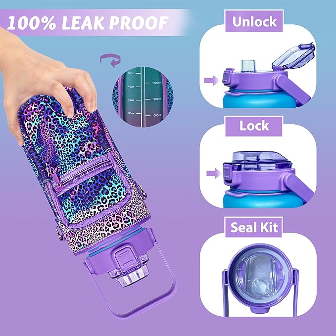 64 oz Water Bottle with Straw Sleeve & Strap Motivational Half Gallon Water Jug with Handle for Gym Women Men Aesthetic Water Bottle with Strap Leopard