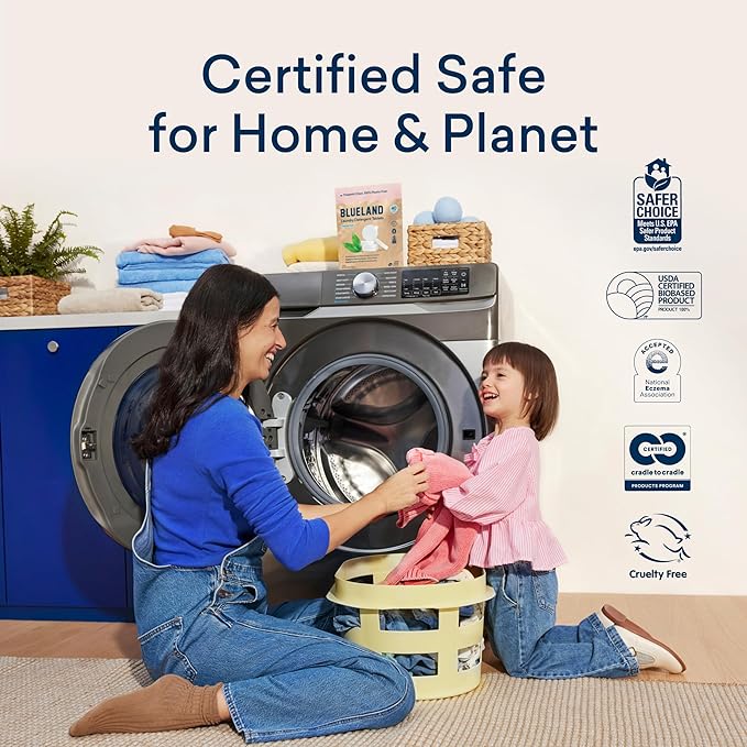 BLUELAND Laundry Essentials Kit, Fragrance Free & Clear - Plastic-Free Laundry Detergent Tablets, Oxi Booster, and Reuseable Natural Wool Dryer Balls