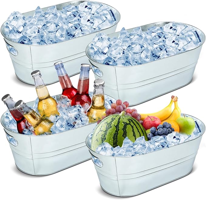 4PCS 3 Gallon Galvanized Tub, Beverage Tub, Ice Buckets for Parties With Carry Handles, Drink Buckets for Parties, Beverage Tubs for Parties, Mimosa Bar Supplies