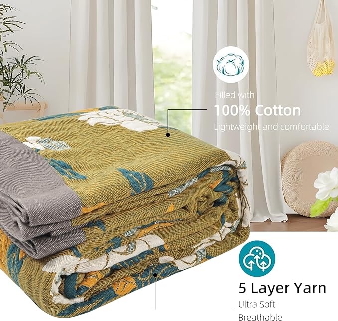 Boho Throw Blanket for Bed - 100% Pure Cotton Ultra Soft Rustic Quilt - Farmhouse Decor Bed Blankets, All Season Rustic Throw for Sofa Couch Chair(91''x 98'', Flower Branch)