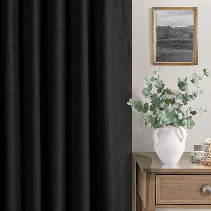 Black Boho Curtains for Bedroom 90 Inches Long Sound Proof Blackout Linen Window Treatment Drapes Double Full Total Light Blocking Floor to Ceiling Curtains for Dining Room 90 Length 2 Panel Back Tab