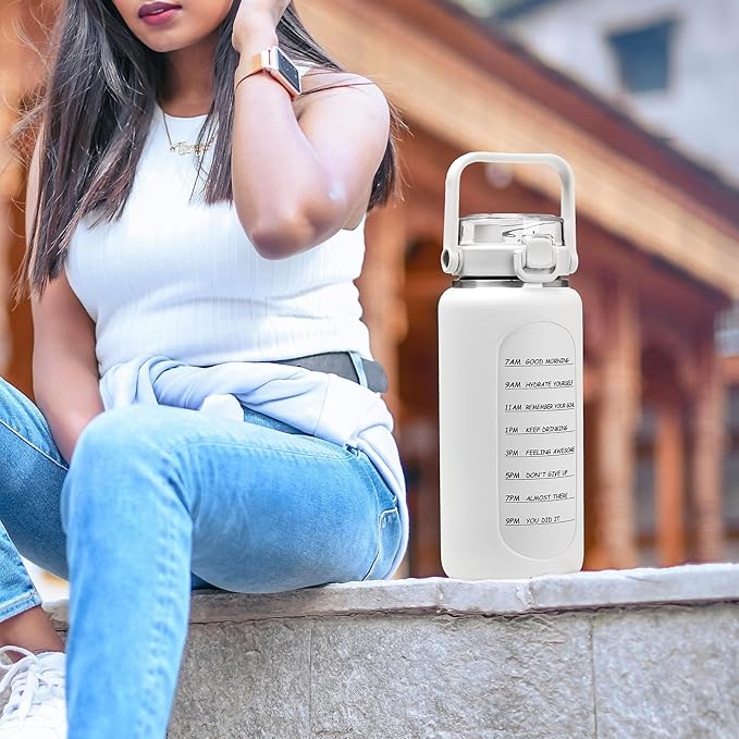 BLUEGO 64oz Insulated Water Bottle with Straw and Handle Leakproof Half Gallon Wide Mouth Motivational Water Bottle, 2-IN-1 Straw Spout Lid Stainless Steel Water Jug for Sport Travel Gym-White