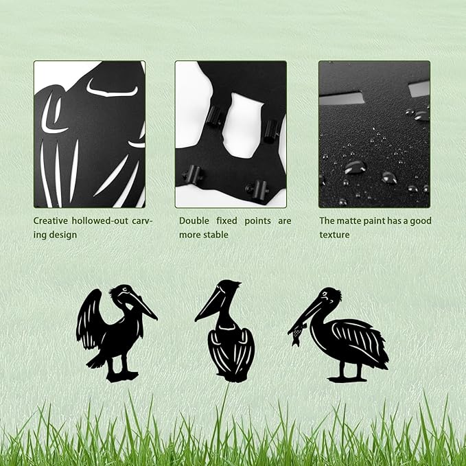 3 Pack Pelican Metal Garden Decorative Stakes, Weather Proof Silhouette Statues for Yard, Patio,Outdoor Decor for Pelican Lovers and Pet Owners