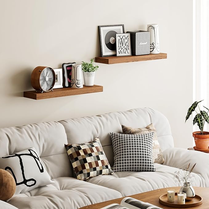 BAMEOS 24x6 Wall Shelf, 2-Shelf Modern Oak Floating Shelf Set for Bedroom, Bathroom, Kitchen Storage