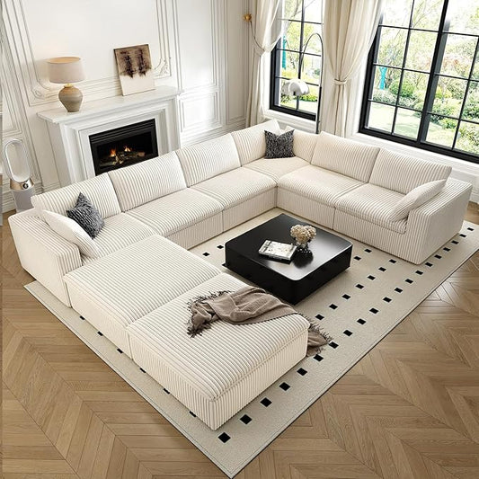 157.5" Cloud Couch Oversized Modular Sectional Sofa for Living Room,Modern Sofa with Deep Seat，8 Seater Boneless Couch with 2 Ottoman,Comfy Upholstered Couches for Apartment, Studio, Office,White