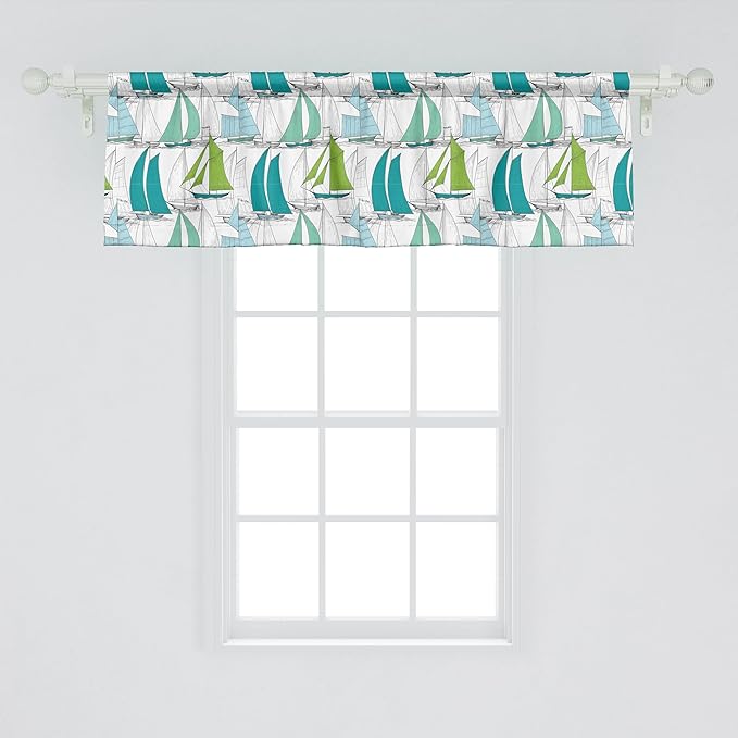 Ambesonne Nautical Window Valance Pack of 2, Sailing Boats on The Ocean Surfing Coastal Theme Marine Life Colorful Maritime, Rod Pocket Curtain Valances for Kitchen Bedroom, 54" X 18", Teal Green