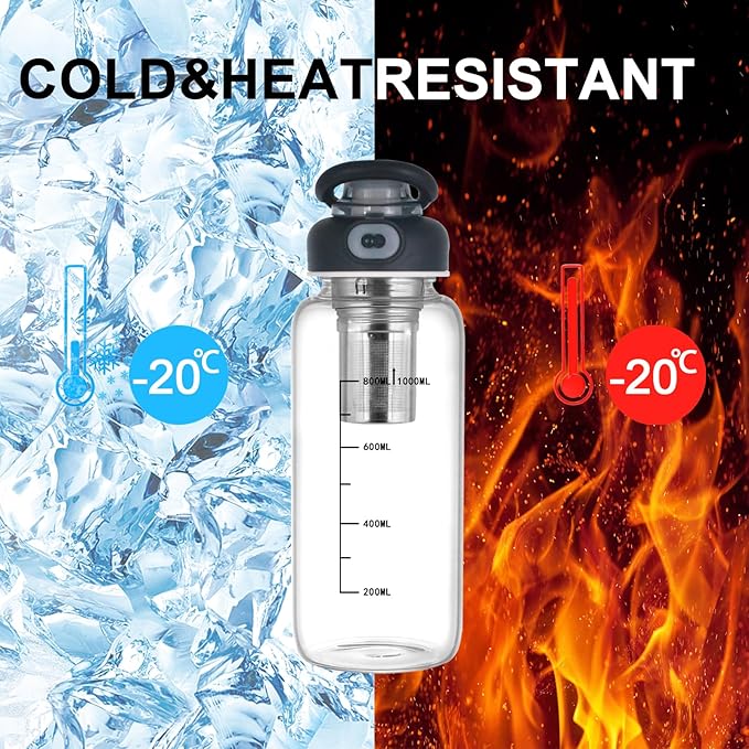 Borosilicate Glass drinking bottles,With Capacity Marker Water Bottle, 34oz Capacity, With Leak-Proof Lid, Stainless Steel Tea Strainer, BPA-Free For hot or cold drinks, coffee, tea and water