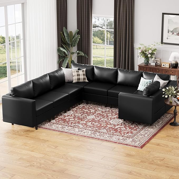 118.5" Faux Leather Modular Sectional Sofa, U Shaped Couch Set for Living Room, Large 8-Seater Comfy Cloud Couches with Storage Seat DIY Combination - Black