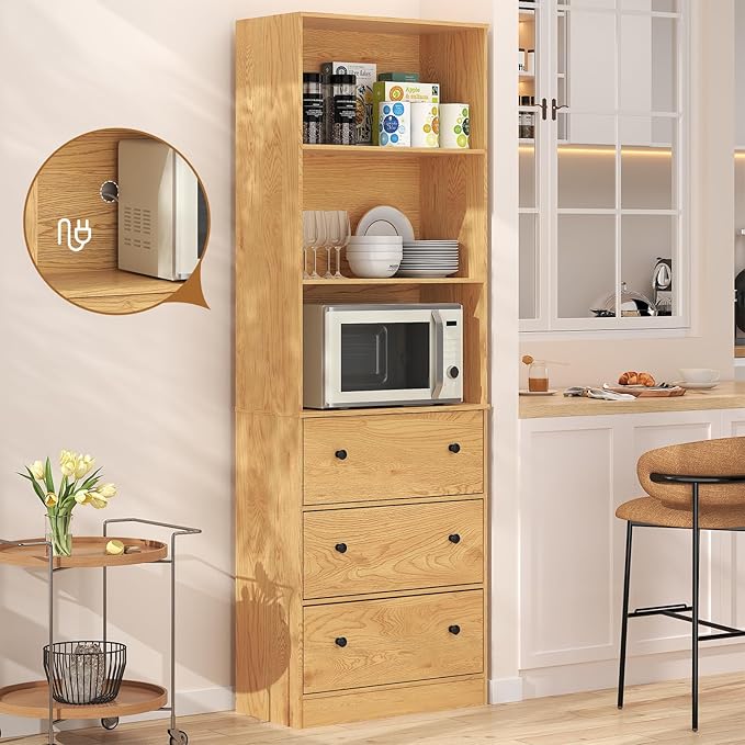 71" Tall Bookshelf with Storage, Bookcase with Drawers, Farmhouse Wooden Corner Book Shelves, Mid Century Modern Book Shelf Wall Standing Home Decor Furniture for Living Room, Bedroom, Office, Kitchen