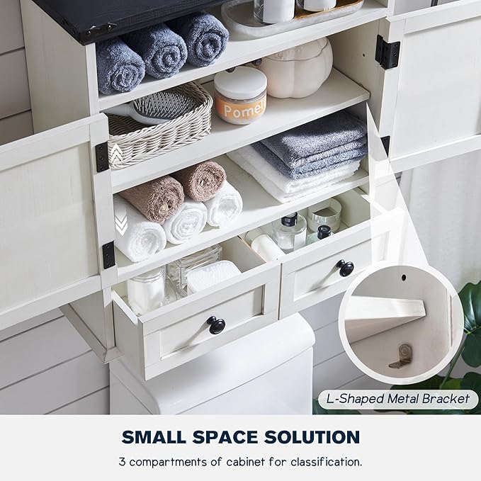 Bathroom Wall Cabinet, Farmhouse 24" Wide Medicine Cabinet with Drawer, Adjustable Shelf, Double Barn Doors, Storage Cabinets for Bathroom, Kitchen, Living Room, Off White