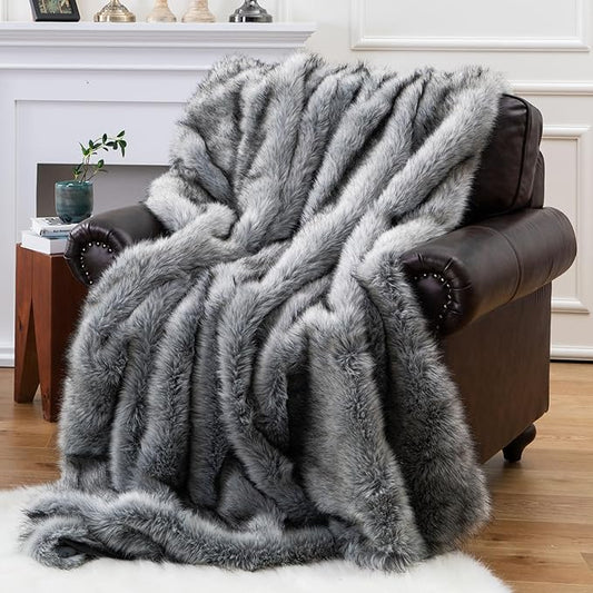 BATTILO HOME Wolf Faux Fur Blanket, Extra Large Fox Fur Throw Blankets for Couch, Bed, Super Soft, Fluffy, Eelegant, Grey with Black Tips Blanket Reversible to Plush Velvet, (Grey, 60"x80")