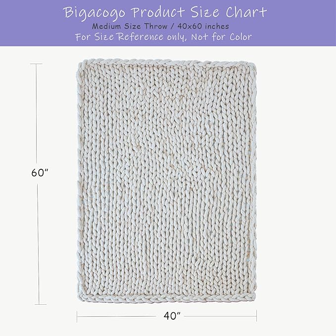 Bigacogo Chunky Knit Throw Blanket for Couch, 40x60 inches, 100% Hand Knitted with Thick Jumbo Chenille Yarn, Cozy Soft Large Rope Knot Cable Crochet Blankets for Sofa Bed Living Room, Mint