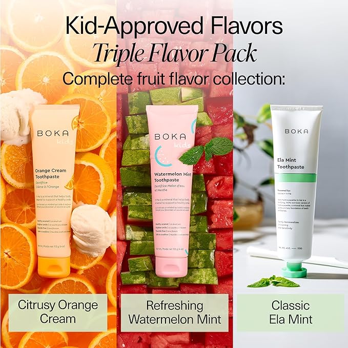Boka Fluoride Free Toothpaste Nano Hydroxyapatite Toothpaste - Ela Mint, Orange Cream, Watermelon Mint Flavor, 4 oz 3Pk US Manufactured
