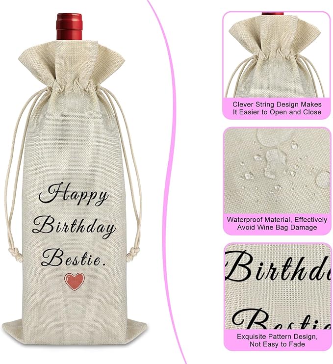 Birthday Gifts for Bestie Friendship Gifts for Women Bestie Wine Bag Happy Birthday Gift for Best Friends BFF Sister Drawstring Wine Bottle Bag Graduation Christmas Gift for Her Champagne Wine Bag