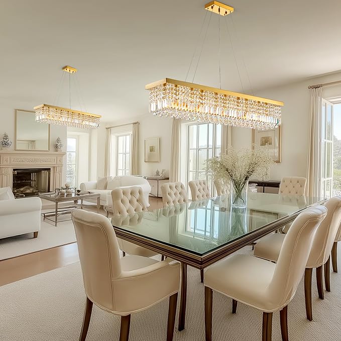 10 Lights Modern Crystal Chandelier, Gold K9 Rectangle Rectangular Chandeliers,Luxury Flush Mount Pendant Ceiling Light for Dining Room Kitchen Island L47''xW10''xH10''
