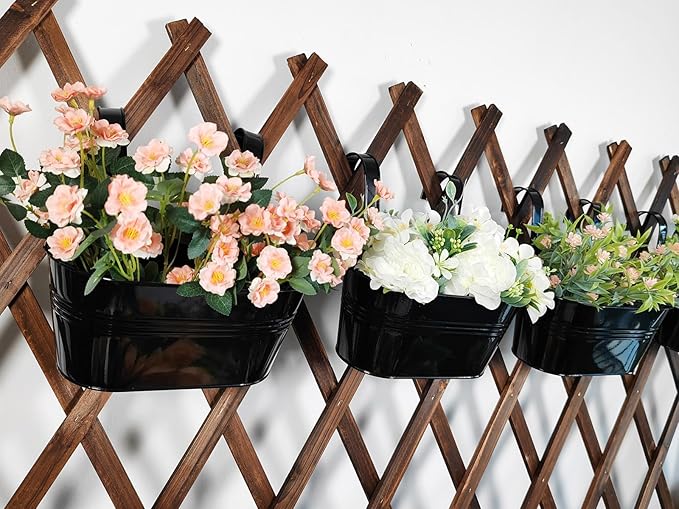 4 Pack Metal Hanging Planter for Outdoor Plants, 10 Inch Black Fence Planters Railing Pots for Garden Patio Balcony Decor, Flower Bucket with Detachable Hooks (Black, 4Pcs)